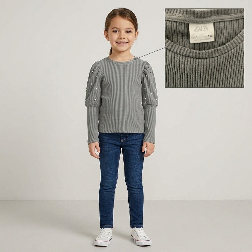 Zara Ribbed Puff Sleeve Top Kids Size 6 Grey Excellent Pearl Embellished Knit